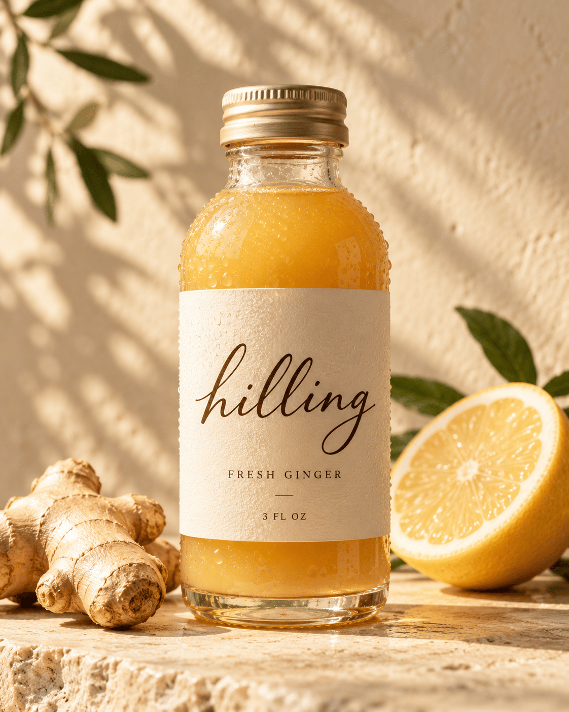 Fresh hilling ginger juice in a golden sunlit glass bottle