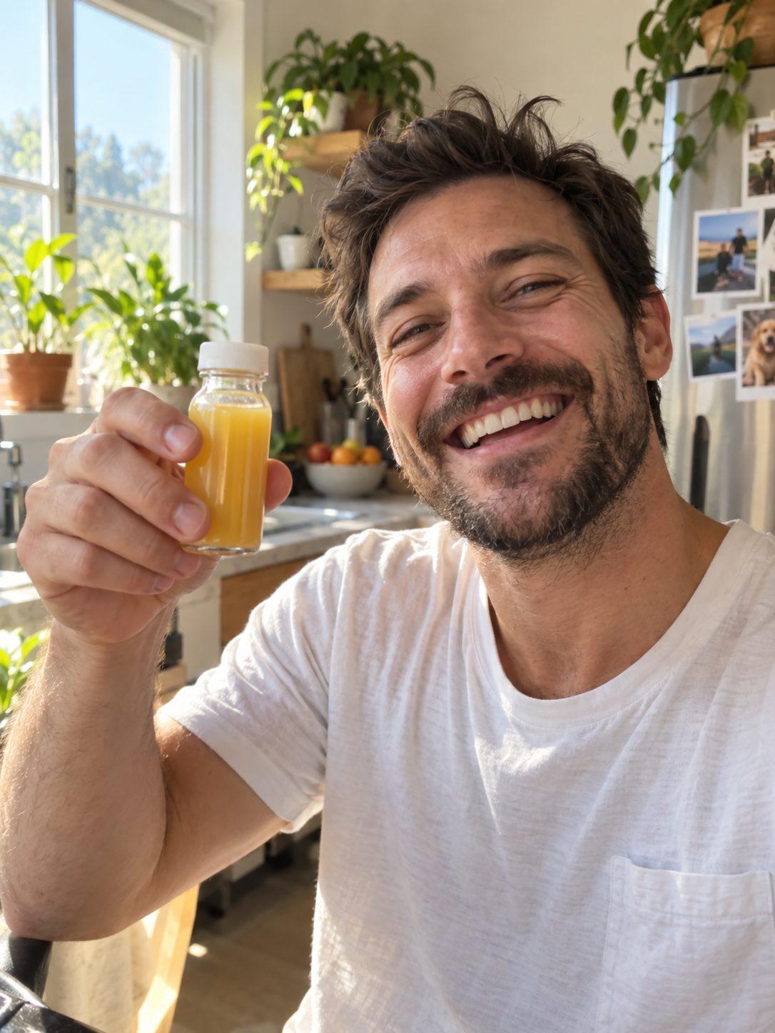 A sunny hilling moment with a golden ginger drink