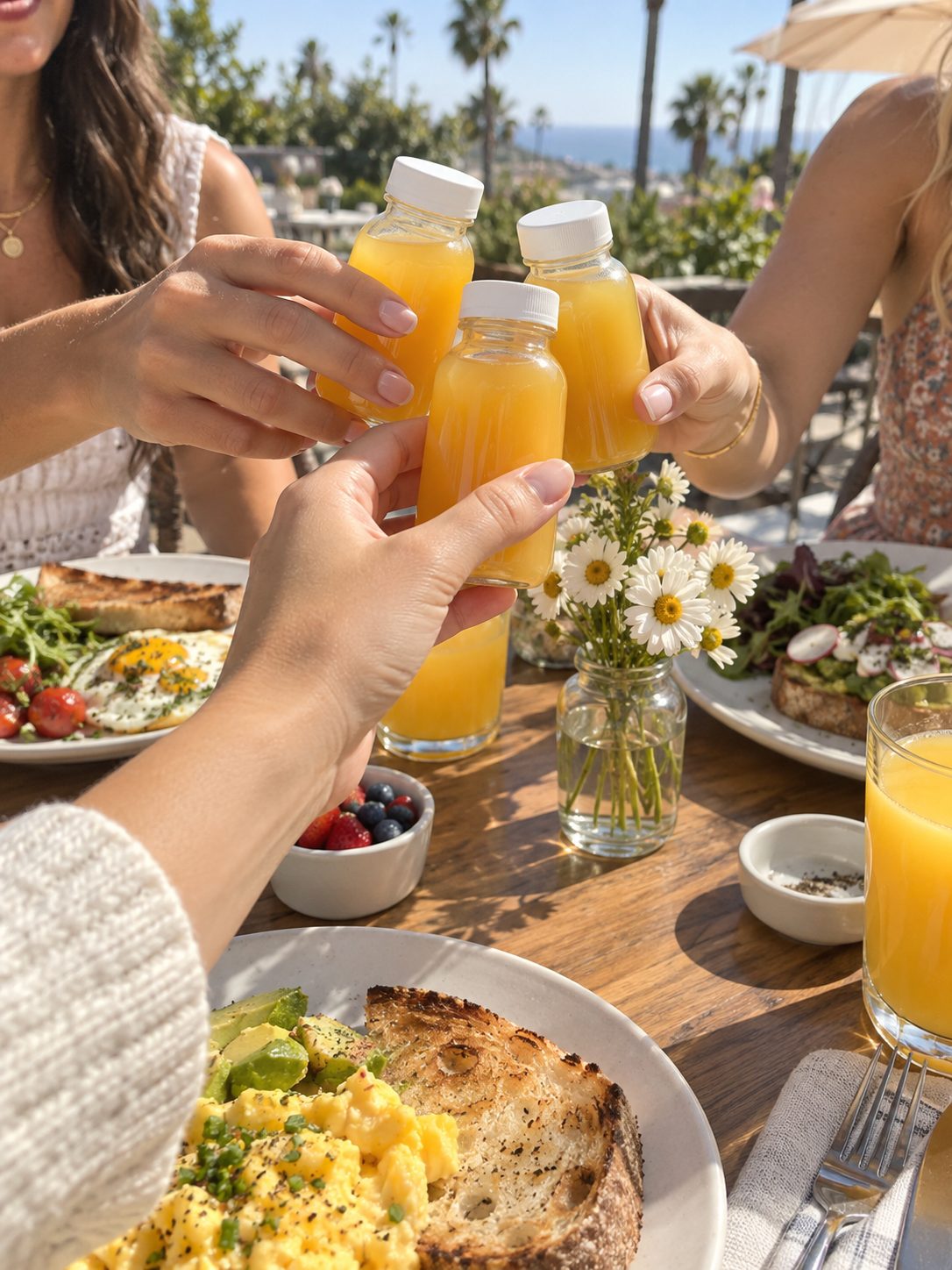 Friends clinking tiny golden hilling bottles over a sunny brunch table
