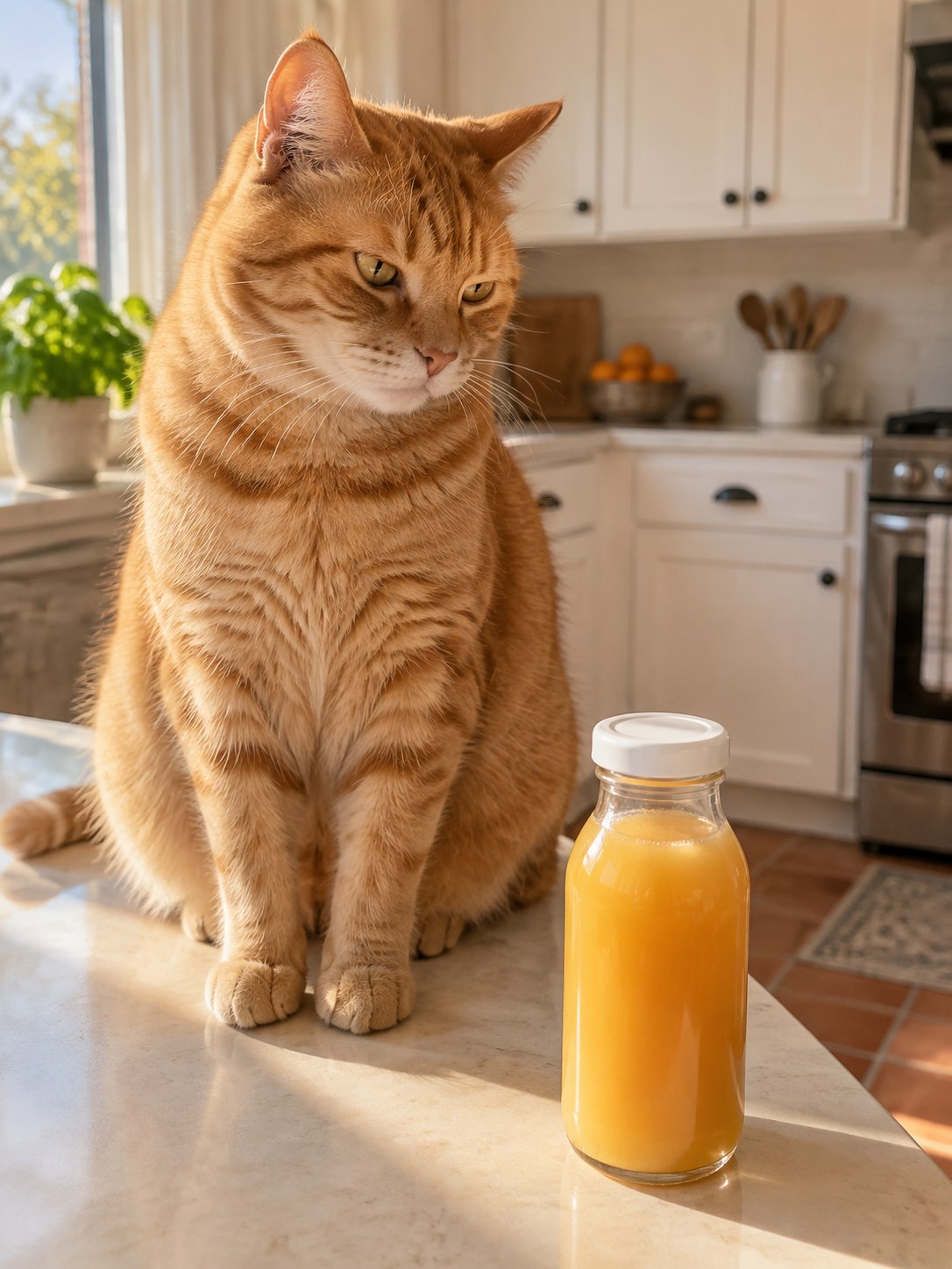 Orange tabby cat on a sunny kitchen counter giving a little golden hilling bottle a skeptical side eye