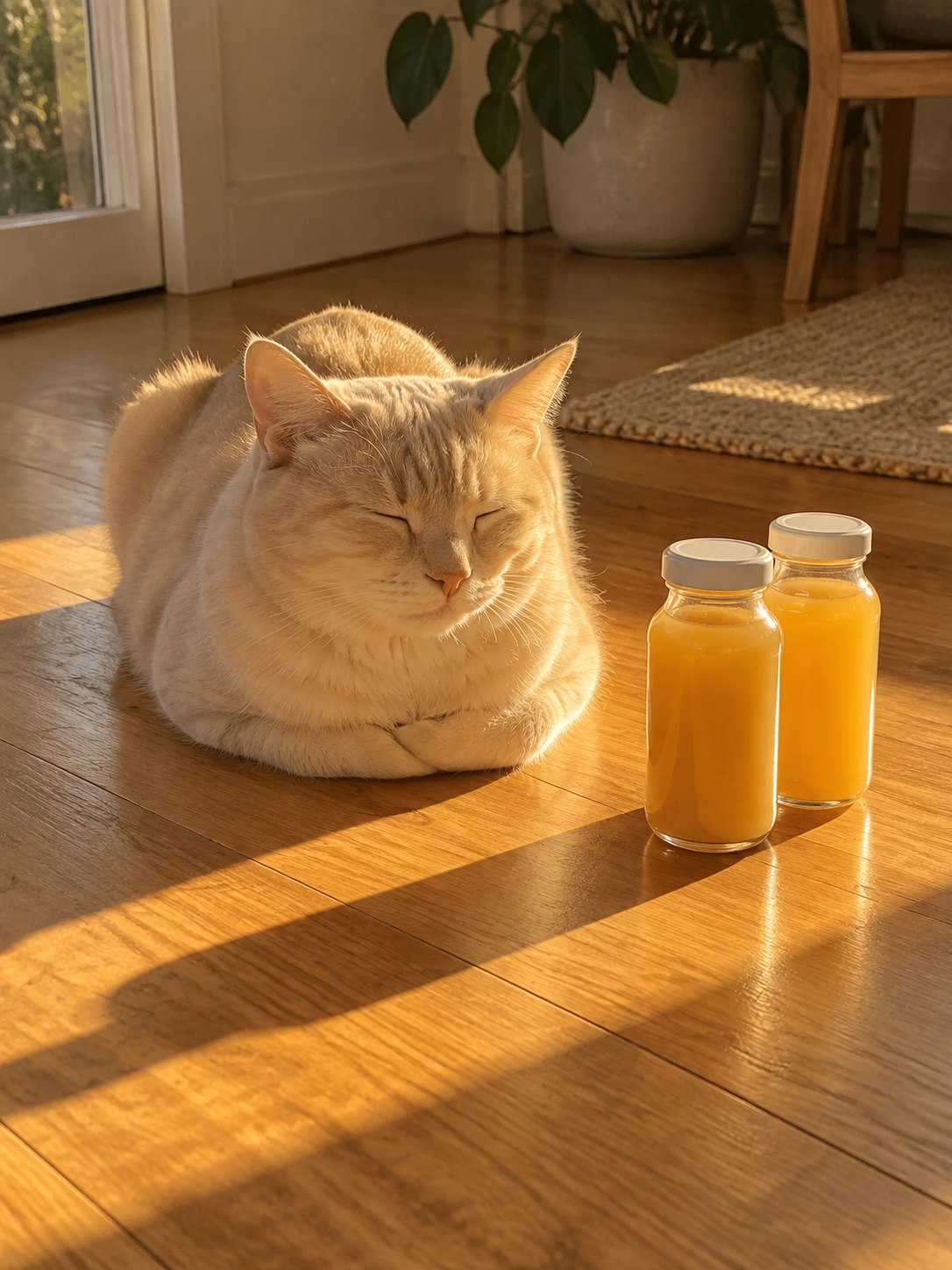 A cream colored cat loafing contentedly in a square of golden afternoon sunlight next to two little hilling bottles glowing amber