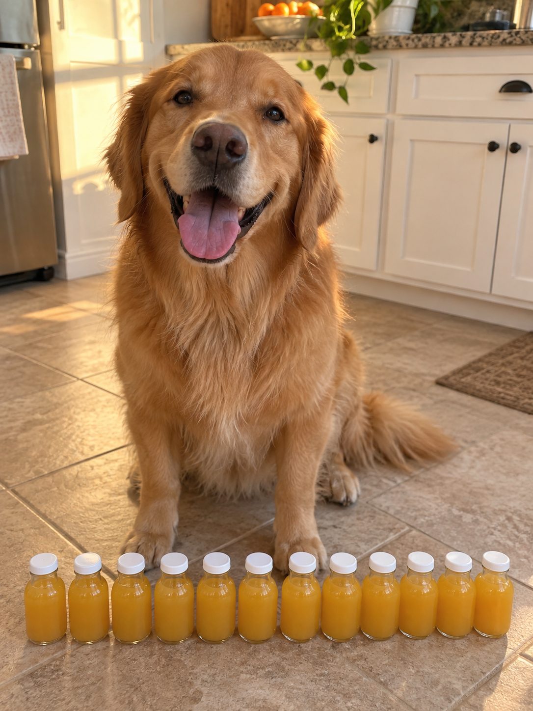 Happy golden retriever guarding a neat row of little golden hilling bottles