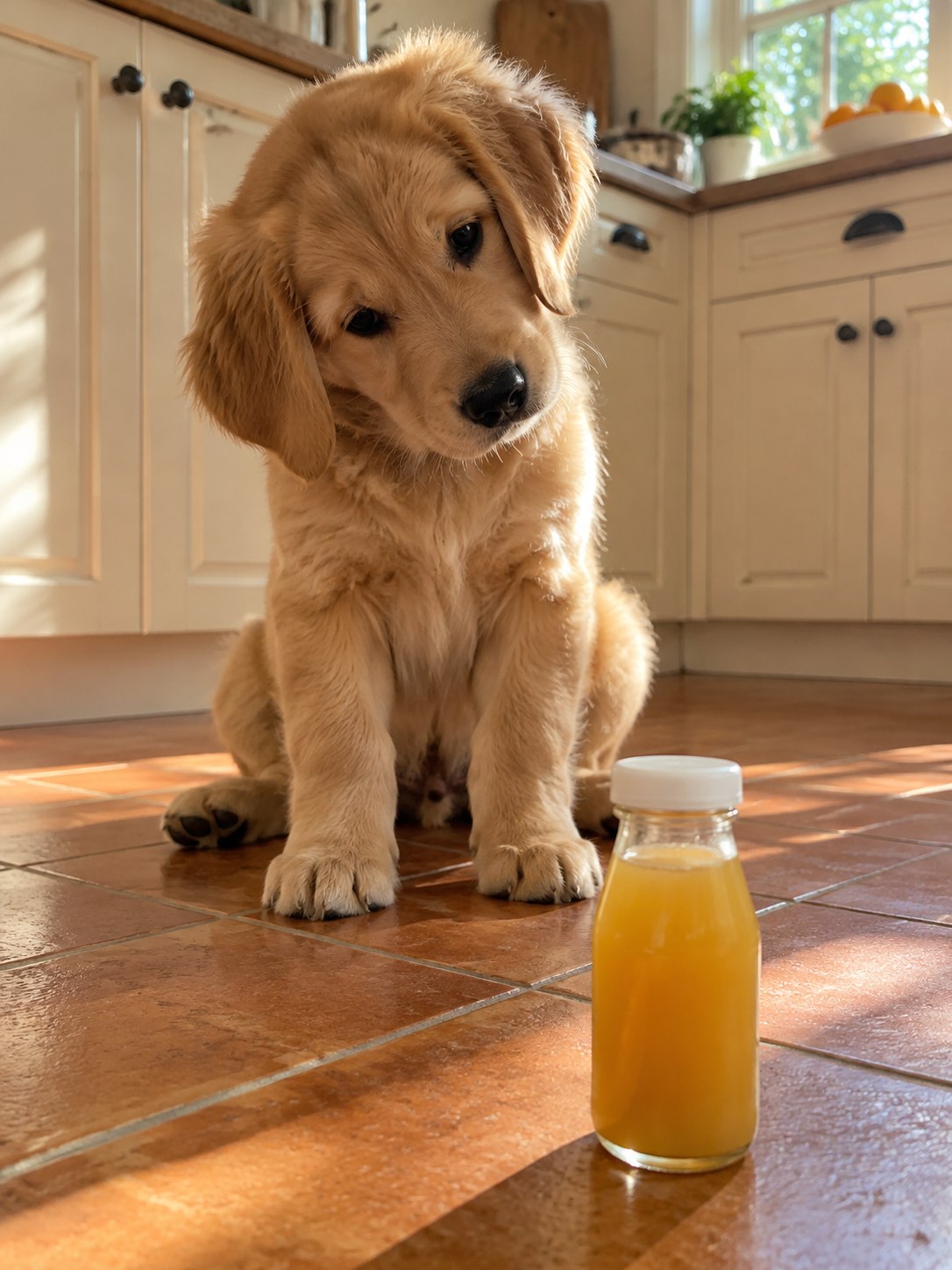 Golden retriever puppy tilting its head at a little golden hilling bottle on the kitchen floor