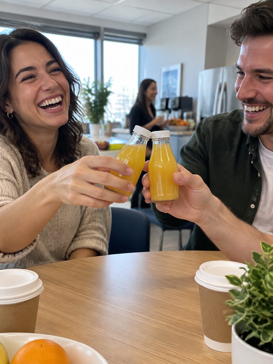 Two coworkers laughing and clinking tiny hilling bottles in a bright break room
