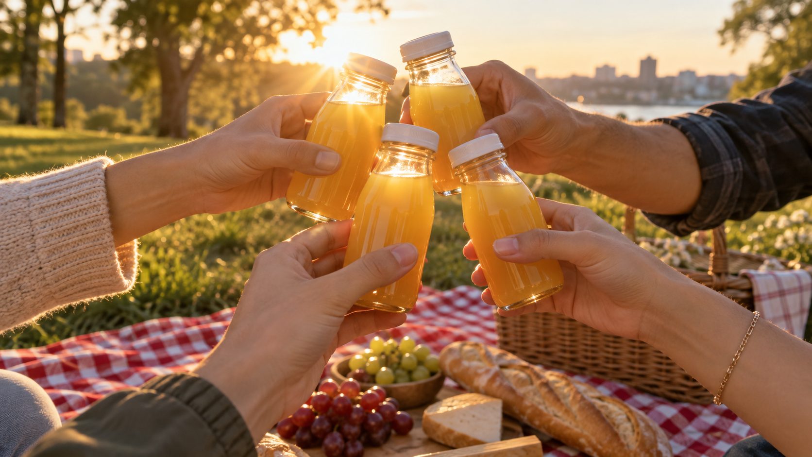 Hands of four friends clinking tiny golden hilling bottles over a picnic blanket at golden hour