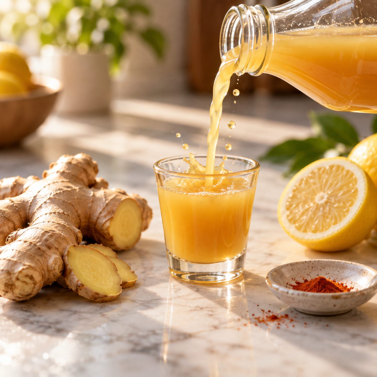 Macro shot of cloudy golden ginger juice pouring from a small glass bottle into a tiny glass, in warm golden light